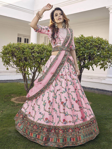 Magnetic Pink Sequins Embroidered Silk Wedding Wear Lehenga Choli